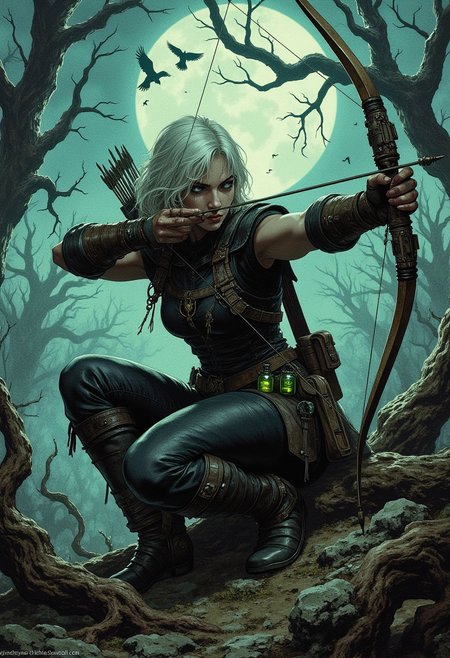 A fierce and agile archer crouches low in a dynamic, battle-ready pose on a desolate, swamp-like terrain. The character’s body leans forward, one knee bent deeply while the other leg stabilizes her stance. She pulls back her bowstring with intense focus, aiming directly at her target, as her short, platinum-blonde hair frames her sharp, determined expression. Her muscular arms and leather armor emphasize a seasoned warrior, with dark, practical clothing adorned by small green vials glowing faintly at her waist.
She carries a quiver full of arrows slung across her back, and her outfit is marked by straps, reinforced pads, and utility pouches, suited for survival in harsh environments. The background features twisted, barren trees and a murky, foggy landscape under a twilight sky, murder of crows fills the skies, adding a mystical, strategic element to the setting. The atmosphere is one of stealth, precision, and survival amidst eerie surroundings.