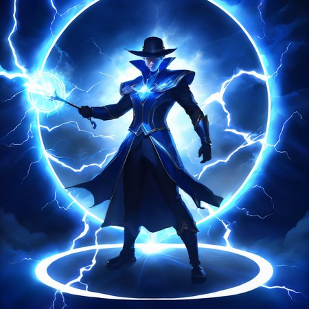 (((masterpiece))),(((bestÂ quality))),((ultra-detailed))ï¼SkillIcon, a man stands at the center of an energy shield composed of blue lightning,The magician has a staff, with a black background ,<lora:SkillIcondreamshapelocon-000044:0.6>