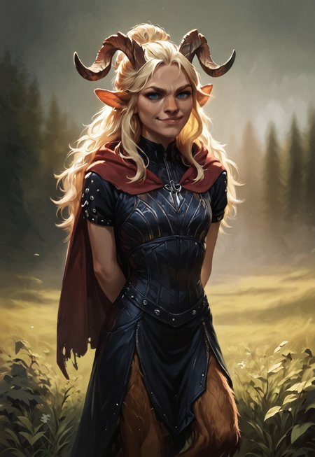 safe_pos, (((beautiful, high quality))), score_9, score_8_up, score_7_up, blonde hair, long hair, hair bun, small breasts, woman, looking at the viewer, dynamic pose, blurred background, in the style of jeff-easley, oil painting, realistic, short sleeves, smirk, black armor, (studded leather armor:1.1), cloak, hood, satyr, faun, horns, animal ears, big horns, skirt, black skirt, hands behind back, 