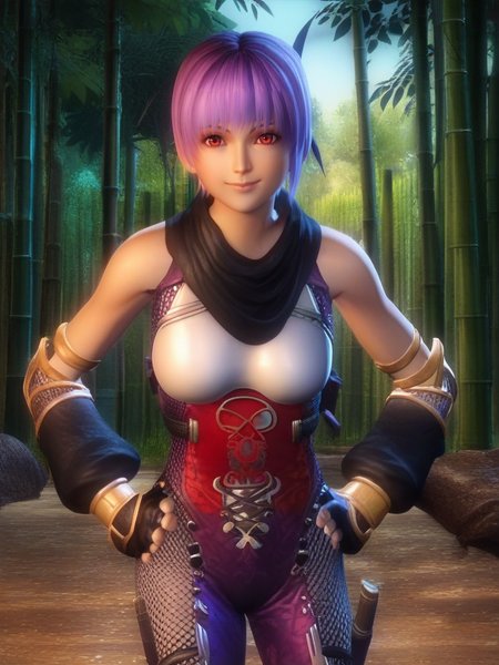 score_9, score_8_up, score_7_up, 1girl, hands on hips, dynamic pose, smile, looking at viewer, bamboo forest, (cowboy shot:1.1), cute pose, wide shot,
 <lora:AyaneXL_character:1>, AyaneXLP, purple hair, short hair, red eyes, fingerless gloves, scarf, armor, bodysuit, fishnets, sheath, hood, ninja, screencap,