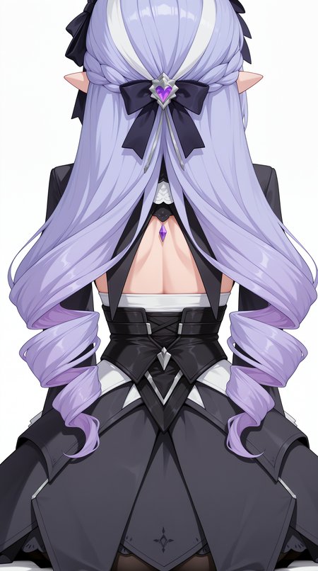 masterpiece, best quality, simple background, white background, amazing quality, very aesthetic, absurdres, best quality, 4k, upscale,    Vivian_zzz, 1girl, long hair, black pantyhose, black dress, drill hair, purple hair, long sleeves, multicolored hair, sitting, from behind, back, pointy ears, french braid, from behind, streaked hair, facing away, black bow, hair bow, ribbon  <lora:Vivian_ZZZILLUS:1>