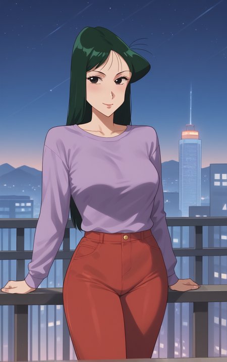 score_9, score_8_up, score_7_up, looking at viewer,  BREAK
Shirt_UmeMatsuzaka_ownwaifu, 
1girl, green hair, straight hair, long hair, black eyes, medium breasts,  breasts, mature female, 
long sleeves, purple shirt, purple sweater, red pants,  
retro artstyle, 1980s (style), 1990s (style), 
(standing, arm_support), railing, cityscape, night, city, city lights, scenery, starry sky, outdoors, <lora:PONYXL_ShinChan_UmeMatsuzaka_ownwaifu:0.8> , depth of field, solo,