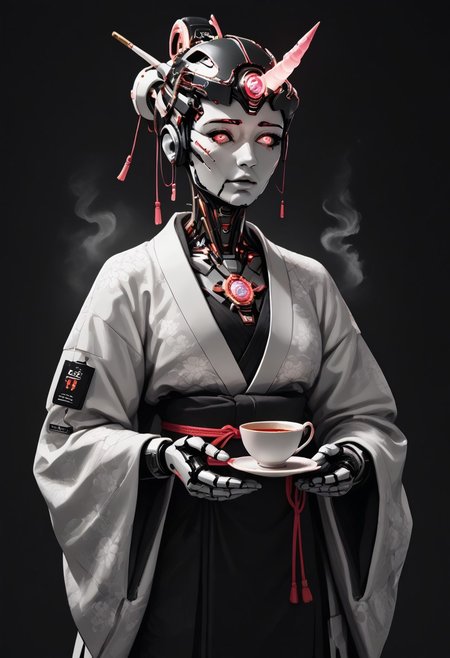 score_9, score_8_up, score_7_up, source_anime, 
1girl, solo,  looking at viewer, japanese, kimono, head-mounted horn, glowing, humanoid robot, geisha, holding a steaming cup of tea, asdfm3cha
, science fiction,, asdfm3cha, monochrome, glow, neon
WORLD MORPH MATCHES, FIRE, monochrome, glow, neon, asdfm3cha