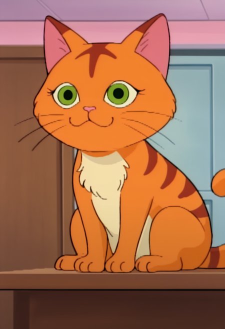 best quality, masterpiece, absurdres, newest, highly detailed, (official style: 1.1), cartoon, parody, 
<lora:TMNT_1987_-_Cartoon_Screen_Captured_Style:1> 1987tmnt5tyl3, 1 cat, stripes, orange fur, green eyes, solo, animal, house cat, indoors, sitting on a table,