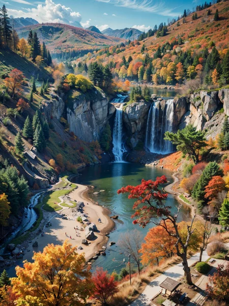 waterfall, lake, red maple tree, maple leave, autumn, (masterpiece),((ultra-detailed)), (highly detailed CG illustration),(expressionless), (best quality:1.2), High quality texture, intricate details, detailed texture, High quality shadow, Cinematic Light, Depth of field, light source contrast, perspective,20s, (ulzzang-6500-v1.1:0.5), <lora:epi_noiseoffset2:1>, <lora:add_detail:0.8>,