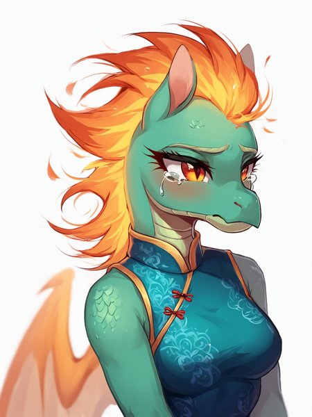 score_9,score_8,score_7,source_furry,
<solo:1.5>,
<1girl:1.5>,
dragon horse,
female,
tits,
dress,
fire hair,
flame hair,
flames,
anthro,
qipao,
green body,
green  scales,
upper body,
face focus,
face zoom,
<white background:1.5>,
<simple background:1.5>,
 <lora:Tianhuo_F_Herds_Pony_SDXL:1> tianhuo_tfh, sad,
sadness,
tears,
closed mouth,