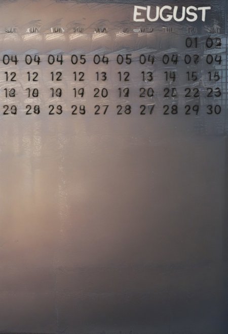 the inscription on the calendar "(August)", the number of days on the calendar is "30", "(August)" calendar with "30" days, month of the year "(August)", The month in order "0", time of year "spring",(numbers in the collendar: “01”, “02”, “03”, “04”, “05”, “06”, “07”, “08”, “09”, “10”, “11”, “12”, “13”, “14”, “15”, “16”, “17”, “18”, “19”, “20”, “21”, “22”, “23”, “24”, “25”, “26”, “27”, “28”, “29”, “30”),