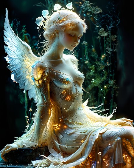 hauntingly beautiful bioengineered female anthropomorphic angel lounging on a dais, organic bioluminescent patterns, (partially transparent:1.9), crystals, full body, detailed face, hyperrealistic, ultra resolution, professional photo, <lora:add-detail-xl:0.4>  <lora:xl_more_art-full_v1:0.4>   <lora:John Berkey Style:0.5>,  <lora:artiangel:1>