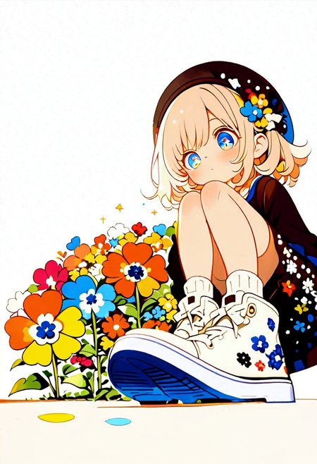 masterpiece, ultra-HD, verBREAKy aesthetic, 8K, high detail, depth of field, score_9, score_8_up, simple background, white background, 
BREAK
Extreme low-angle perspective, white shoe soles, looking down, symbol eyes, Crouching, body covered in flowers, flowers clothes, blue eyes, 
BREAK
Foreshortening, Warm color tones, 
BREAK
<lora:ka_marukogedago:0.8>, <lora:Bright_style:0.8>, <lora:404style:0.4>, <lora:sometyome_style:1>,