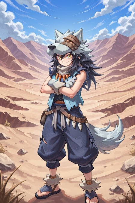 <lora:FlunkyIL:0.8> , fludef, 1boy, black hair, long hair, yellow eyes, wolf hat, wolf hood, wolf pelt, wolf tail, grey scarf, bandana around neck, necklace, tooth necklace, fur trim, blue vest, torn clothes, paw gloves, sandals, full body, wasteland, mountains, exterior, smile,  looking at viewer, crossed arms, (solo), masterpiece, very aesthetic, absurdres, best quality, amazing quality, high resolution, detailed background,  <lora:illustrious_quality_modifiers_masterpieces_v1:0.8> , <lora:ChamIllustriousBackgroundEnhancer:0.5>
