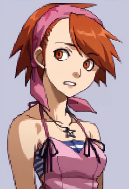 score_9, score_8_up, score_7_up, source_anime, BREAK, solo, 1girl, <lora:P2-Protraits-pdxl_Fp:1>, portrait, simple background,  <lora:Yuzu-pdxl_Fp:1>, yuzudesu, orange hair, orange eyes, short hair, bandana, pink camisole, tube top, necklace,