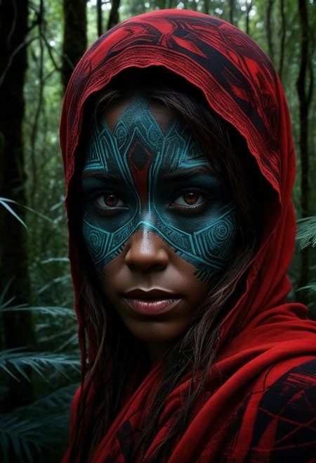 mysterious silhouette of a tribal woman, jungle, (red warpaint over eyes only), goddess, alluring, by Minjae Lee, Carne Griffiths, Emily Kell, Steve McCurry, Geoffroy Thoorens, Aaron Horkey, Jordan Grimmer, Greg Rutkowski, amazing depth, double exposure, surreal, geometric patterns, intricately detailed, bokeh,  perfect balanced, deep fine borders, artistic photorealism , smooth,  great masterwork by head of prompt engineering   <lora:add-detail-xl:2>  <lora:Double_Exposure:0.5>