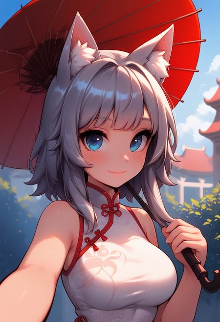 high detail, Smooth, sharp lines, score_9_up, score_8_up, uncensored, detailed, masterpiece, super cute style, 1girl, solo, breasts, looking at viewer, blush, smile, bangs, blue eyes, dress, holding, animal ears, bare shoulders, medium breasts, closed mouth, upper body, grey hair, outdoors, sleeveless, day, white dress, blurry, red ribbon, animal ear fluff, fox ears, sleeveless dress, depth of field, umbrella, chinese clothes, china dress, holding umbrella, selfie, oil-paper umbrella
