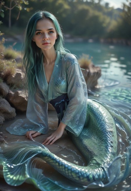 safe_pos, Stable_Yogis_PDXL_Positives, score_9, score_8_up, score_7_up, 1girl, covered, mermaid, mermaid tail, full body shot, blue scale, green scale, cute, seductive, light smile:0.3, slender body, floating teal hair, long hair, water:0.7, waterdrop, wet, lying, on side, high detailed blue kimono texture, intricate pattern, translucent kimono, ultra detailed, textured clothing, detailed skin, moist texture, reflective surfaces, organic patterns, lifelike textures, sunset, lake background, detailed background, depth of field, dynamic angle, sharp,