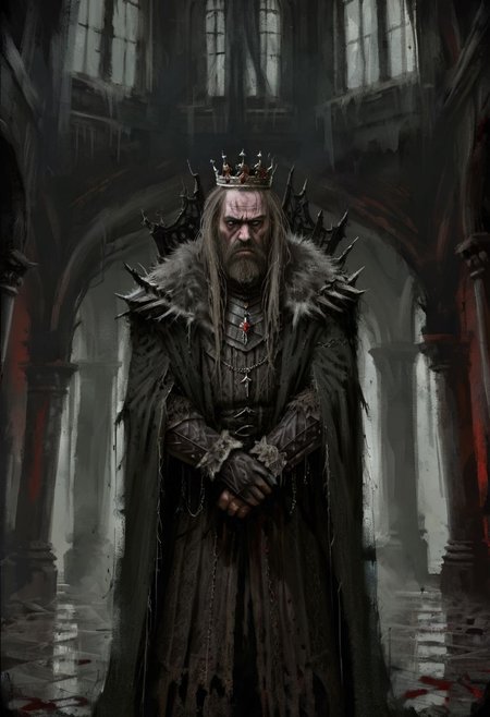 (horror-themed digital painting in jrst artstyle:1.2) about a mad king, upper body portrait, hair down, dirty, stubble beard, sad, depressed, tear, tattered noble outfit, crumbling palace interior, unsettling, terrifying, dark, spooky, suspenseful, grim, highly detailed