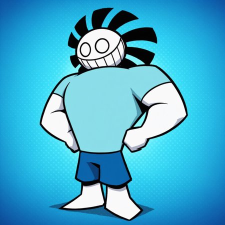 2d, solo, male, Twinsomniaboy, 1boy, broad shoulders, thick arms, white body, white skin, circular eyes, white eyes, no sclera, cyan shirt, blue shorts, barefoot, black hair strands, teeth, toon style

BREAK smiling, full body, facing viewer, looking at viewer, happy, blue abstract background, standing, hands on hips

BREAK best quality, amazing quality, very aesthetic, absurdres, newest, masterpiece, high quality