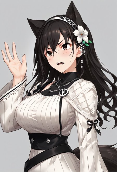 score_9, score_8_up, score_7_up, score_6_up, score_5_up, score_4_up, source_anime, solo, 1girl, long  hair, hairband, aqua eyes, wolf ears, wolf tail, hair flower, hair ornament,  ribbed leotard, white dress, white sarong,  black choker, (((greek clothes))), white sleeves, alt necklace, masterpiece, best quality, very aesthetic, absurdres, (blush)), trembling, open mouth, (((((sweating))))), ((frown)), (((blush))), angry, trembling , ((blush)), (((huge breasts))), standing, (((clothes up))), ((view from in front )) , ((waving hand )), (((clothes up))), snzkakr, long hair, brown hair, black hair, wavy hair, sidelocks, bangs, hair between eyes, brown eyes, mole under eye, sharp teeth,