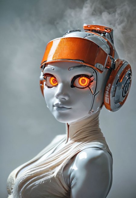 score_9, score_8_up, score_7_up, score_6_up, score_5_up, close up, from side,  robot girl, (short stack:1.2), white skin, (wide hips:1.1), (holo visor:1.2), medium breasts, (toned body:1.2), (silk atire:1.4), (orange eyes:1.2), 
reclining, (smiling:0.4). looking at viewer, detailed eyes, detailed face,
43stl1ght1ng, low light, dramatic lighting, darkness, smoke, raw, photo, realistic,