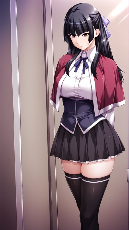 amazing quality,absurdres,best quality,masterpiece,highres,newest,detailed,detailed body,detailed face,masterpiece,best quality,solo,
Chika Kamitori,1girl,black hair,long hair,ribbon,capelet,long sleeves,school uniform,pleated skirt,black skirt,black thighhighs,zettai ryouiki,<lora:ç¥å æºé¦:0.8>,