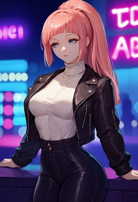 score_9, score_8_up, score_7_up, source_anime BREAK 1girl, solo,  <lora:felicia-fe-richy-v2_pdxl:1> flcrnd, blue eyes, pink hair, long hair, ponytail, blunt bangs, breasts, cowboy shot, nightclub, neon lights, bokeh, depth of field, makeup, leather jacket, turtleneck, high waist pants