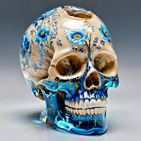 k7561, glasssculpture k7561, a skull with a floral design, photo realistic, 8k, <lora:k7561_SDXL_V03:1.0>, (transparent:1.3) light brown paint, blue paint, <lora:xl_more_art-full_v1:1>, <lora:sdxl_glass:0.7> translucent,  <lora:Melting_world:0.3> woman