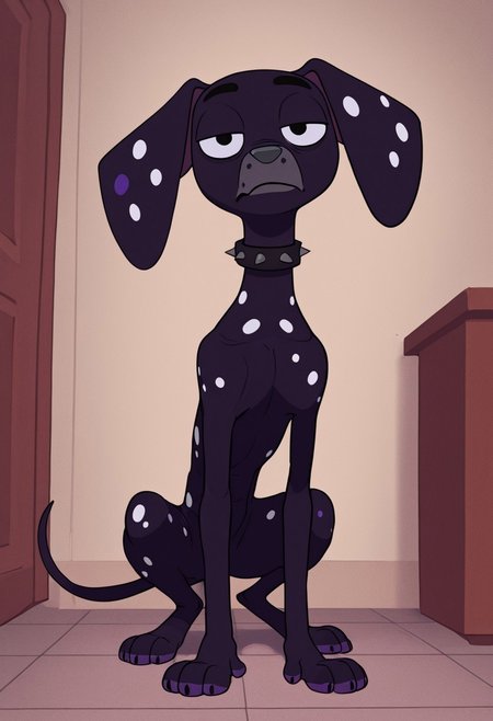 artist:matchattea, masterpiece, best quality, amazing quality, Dante(101), solo, feral dog, animal, quadruped, 1boy, dalmatian, dalmatian dog, feral, dog, dalmatian, black fur, white spots, purple spots, purple paws, gray nose, baggy eyes, spiked collar, full body, head tilt, snout, looking at viewer, bored expression, bored, boren emotion, half closed eyes, tall dog, skinny dog,