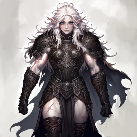masterpiece, best quality, newest, absurdres, highres, D3-ART-V1, 1girl, pale, white skin, colored skin, pale skin, elf, pointy ears, muscular woman, armor, cape, leather armor, scar, scars on face, white hair, long hair, messy hair, black armor, black leather, blue eyes,