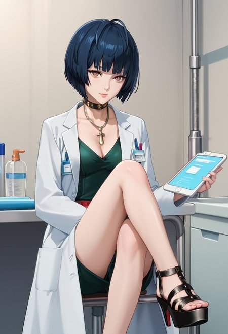 score_9, score_8_up, score_7_up, source_anime, (masterpiece, Highest quality:1.4), (beautiful, perfection, delicate, Complex:1.2), (cute, Fascinating), (Depth of written border:1.2), Realistic Face:1.2, 
1 girl, mature female, adult woman, sexy woman,
p5tae, tae takemi, short hair, bob cut, bangs, labcoat, necklace, choker, studded collar, short dress, dark green dress, cleavage, red belt, gladiator sandals, platform footwear,
Hospital, examination room, examination table, sitting, cross legs, view from front. cowboy shot,