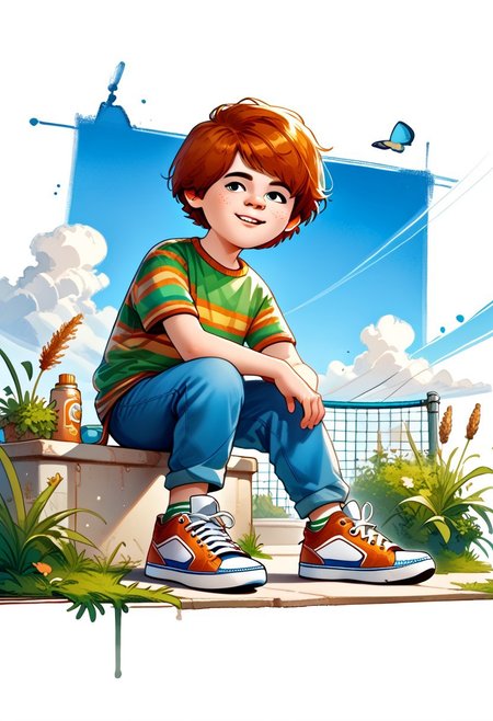 DarirStyle
score_9, score_8_up, score_7_up, 1boy, solo, Bill_Murphy, Ginger Hair, Freckles, Striped Green Shirt, Blue Pants, Sneakers