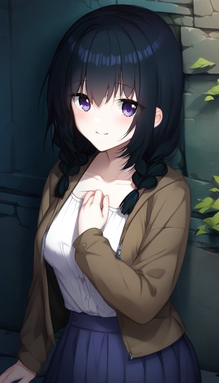score_9,score_8_up,score_7_up,score_6_up BREAK official art,solo,outdoors,upper body,(portrait:1.5),looking at viewer,facing viewer,smile,blush,Saeshiro Misumi,medium hair,black hair,shiny hair,twin braids,hair over shoulder,hair between eyes,bangs,purple eyes,collarbone,brown jacket,open jacket,white shirt,long sleeves,medium breasts,long skirt,purple skirt,pleated skirt,white socks,black footwear,<lora:Saeshiro Misumi(mnm)-Pony:1.8>,