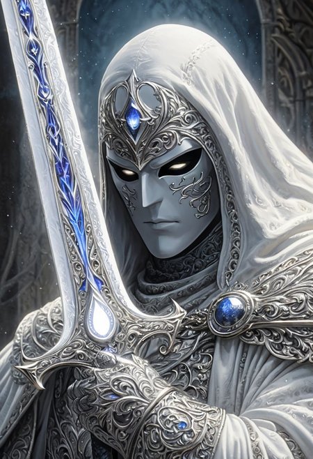 A closeup of fantastical image of a moon knight, clad in flowing, flowing robes, wielding an ornate, ornate blade. Their eyes are filled with power and determination, as they wield the sword in a fluid, dynamic motion. The moon's reflection highlights their magical power