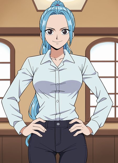 <lora:Vivi-one_piece:0.8>,vivi,1girl,solo,blue hair,long hair,ponytail,black eyes,collared shirt,pants,cowboy shot,hands on own hips,looking at viewer,smile,indoors