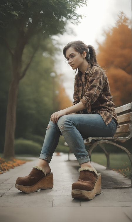 score_9, score_8_up, score_7_up, score_6_up, source_anime,
low angle, from below, from side,
autumn, outdoors, park,
1girl, 
sitting, park bench,
flannel shirt, jeans, round glasses, ponytail, brown hair,
sherpa clogs, platform footwear,
embedding:zPDXLrl ,
embedding:zPDXL2 ,