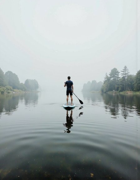 wavefun. A photograph of a person standing on a paddleboard in the middle of a misty lake, holding a paddle. the person is positioned in the center of the frame, facing away from the viewer, with their full body visible. they are wearing a dark blue t-shirt and black shorts, and their feet are bare. the water is calm and still, reflecting the trees in the background, creating a peaceful and serene atmosphere. the image is framed in a simple, minimalist style, with a focus on the person's body and the texture of the water. the lighting is soft and diffused, casting gentle shadows on the water's surface. the overall mood is peaceful and contemplative, with the foggy atmosphere adding to the serene ambiance. <lora:Wind_&_waves_:0.8>