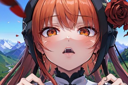 (masterpiece:1.4), 4K8K, (anime style), (high shutterspeed:1.4), (sharp edges), 
SyFyEye1, 
flower rose, 1woman prey with hands togather, neeling, leaning foward, 
wearing Celtic style dress, (Detailed face, Detailed eyes), 
im orange colored roses, Alps in the background,