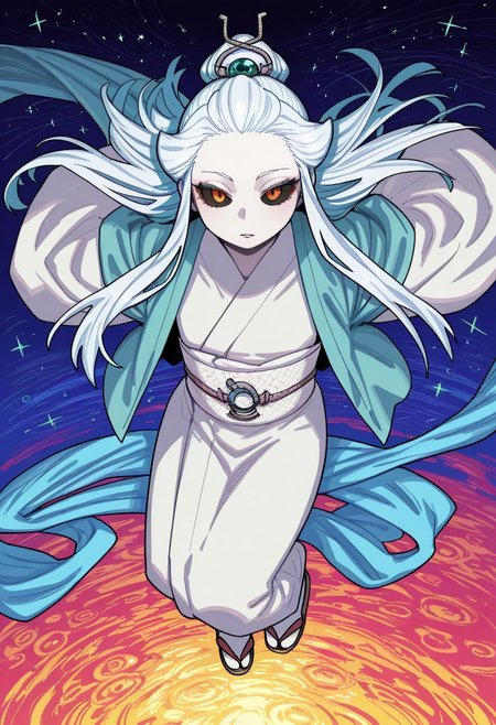 lazypos, absurdres,very aesthetic,sharp detail,intricate detail,
official art,artist:yukataro,artist:sparrowl,norakura \(nr kura\),jonpei,(zyugoya, fir3born, naga u:0.5),ireading,(krekkov:0.5),fujimoto tatsuki \(style\),
( Full body portrait, b41suzhensmt , white hair, long hair, black sclera, white skin, colored skin, hair ornament, white kimono, sash, wide sleeves  )
dynamic angle,looking at viewer,(three quarter view:0.2),
(from above:0.2),
(dutch angle:0),
close-up,
colorful,