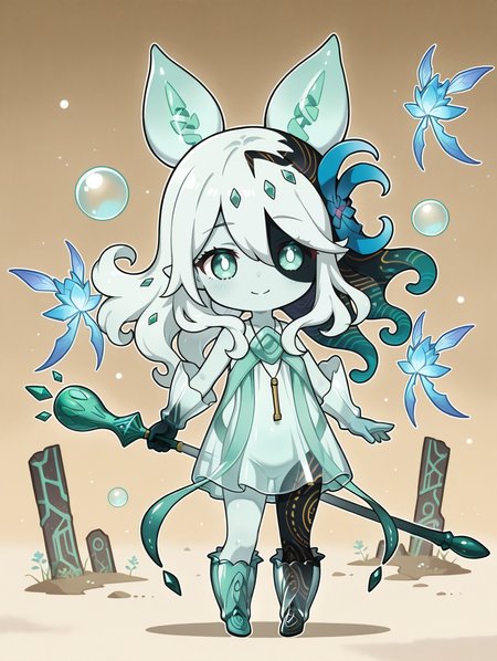 monster girl,icejade acti,1girl,solo,chibi,looking at viewer,full body,holding staff,staff,closed mouth,hair flower,green bubble,see-through body,see-through gloves,see-through dress,bubble pipe necklace,cyan fairy,see-through knee boots,heterochromia,historical ruins,smile, v
masterpiece,best quality,amazing quality,very aesthetic,absurdres,newest,<lora:Icejade Acti illuXL v1.2:0.83>,
