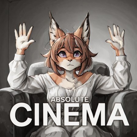 1girl, furry, anthro, feline, solo, cat girl, caracal cat, caracal girl,  cat nose, brown hair, bob cut, hair flaps, wavy hair, purple eyes, megafluffy, anthro, female, full body <lora:Mega_Fluffy_IL:1>
 <lora:spo_sdxl_10ep_4k-data_lora_webui:0.9> <lora:illustrious_quality_modifiers_masterpieces_v1:0.9> masterpiece, best quality, very aesthetic 
 <lora:Absolute_Cinema_meme__Concept_LoRA:1> absolute cinema \(meme\), solo, meme, english text, hands up, looking at viewer, sitting, upper body, closed mouth, parody, armchair, chair, monochrome, greyscale
