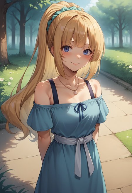 score_9, score_8_up, source_anime, 1girl, solo, KeiKaruizawa, ponytail, hair scrunchie, necklace, blue dress, off-shoulder, white belt, smile, arms behind back, blush, outdoors, <lora:ChamKeiKaruizawaPonyXL:1>