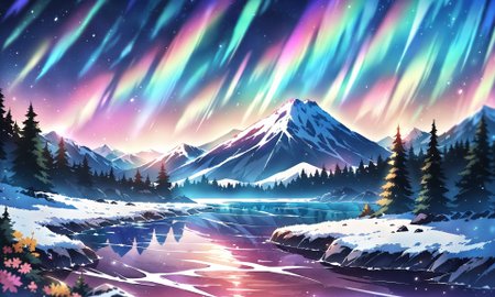 masterpiece, best quality, high quality, intricate, absurdres, very aesthetic, 
no humans, 
landscape, outdoors, nature, night,
mountain tops, snowy mountain, rocky mountains,
river, spring, sparkling water, mist, 
lava, magma stream, volcano in background,
trees, evergreen trees, windy, visible wing, wind lines, aurora,
ultra wide angle shot, cinematic style, highly detailed, majestic, shallow depth of field, movie still, hard light, circular polarizer, colorful, wallpaper, anime