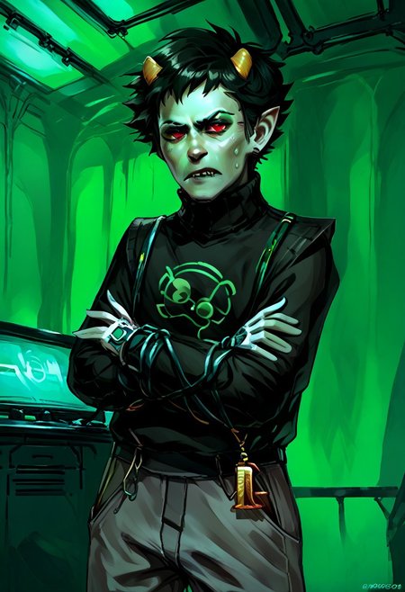 score_9, score_8_up, score_7_up, HD, best quality, masterpiece, detailed, Expressiveh, solo, w4rh4mm3r style oil painting, grimdark, cyberpunk, 1boy, looking at viewer, annoyed, frustrated,karkat vantas , black hair, short hair, horns, (grey skin), yellow sclera, red eyes, pointy ears, grey pants, sweatpants, turtleneck, black sweater, grunt, fangs, cancer \(symbol\) on sweater , crossed arms,
