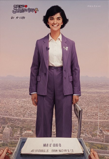 score_9, score_8_up, score_7_up, norman rockwell style, a woman with 80's style hair, black hair, purple suit jacket, white shirt, japanese text, fake screenshot, news, smiling