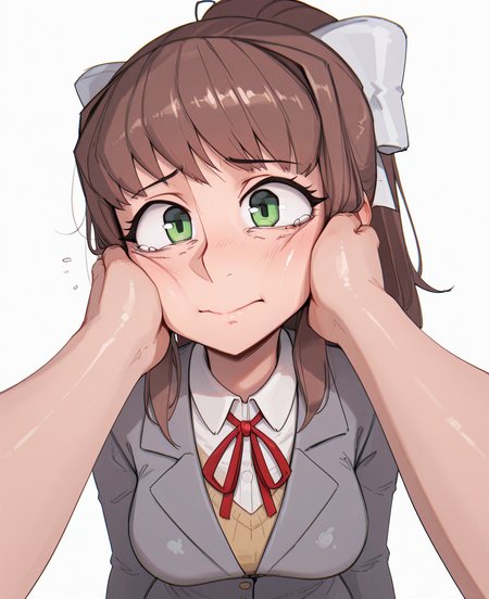 <lora:shiba:1> shibansfw,
(masterpiece), (best quality), (ultra-detailed), amazing quality, very aesthetic, illustration, perfect composition, intricate details, absurdres, incredibly absurdres, shiny skin, realistic,
 shibansfw, green eyes, brown hair, 1girl, school uniform, long hair, pov, ribbon, ponytail, jacket, simple background, white background, grey jacket, solo focus, shirt, white ribbon, neck ribbon, white bow, bow, pov hands, hair bow, white shirt, closed mouth, collared shirt, s face, tearing up, red ribbon, tears, breasts, looking at viewer, general