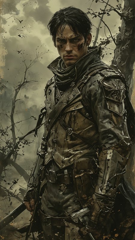Dark fantasy style depiction of Captain Levi from Attack on Titan. He stands with a stern expression, his short black hair slightly tousled. He wears a dark, tattered version of his Survey Corps uniform, with a long, flowing cloak that blends into the shadows. His dual swords are strapped to his sides, and his maneuver gear is intricately detailed, with a more gothic and ominous design. The background is a desolate, war-torn landscape with twisted trees and dark, foreboding clouds. The overall atmosphere is grim and intense, with a sense of impending doom
<lora:add-detail-xl:2> <lora:MJ52:0.5> <lora:ink-style_A3.1_XL:0.66> (ink-style, ink_wash_painting)