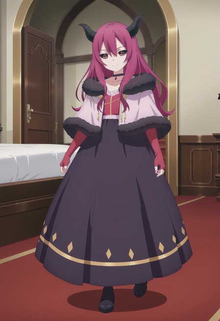 score_9, score_8_up, score_7_up, score_6_up, score_5_up, score_4_up , anime coloring ,BREAK source_anime, anime,screencap,
1girl, solo,dlord, demon girl,  black choker, fur trim, capelet, fingerless gloves, dress, long dress, <lora:PonyXL Maougun  Demon Lord:1>
indoors,full body,
smile, looking at viewer,