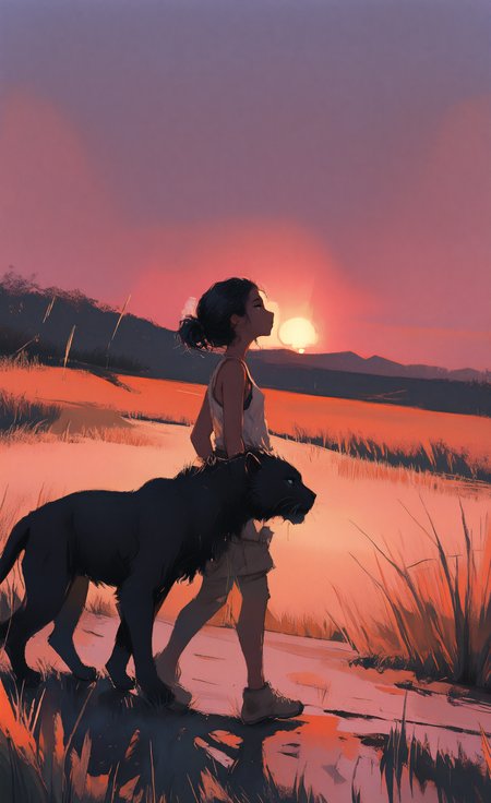 masterpiece, best quality, amazing quality, highres, 
 Minimalism, 1girl, solo, walking, short hair, black hair, tank top, shorts, hair bun, outdoors, sunset,Tall Grass, Wide Shot, profile, From Side, projection,
A black panther follows the girl., negative space,
backlit, backlighting, <lora:illustriousXL_stabilizer_v1.23:0.3> <lora:NOOB_vp1_detailer_by_volnovik_v1:0.3> <lora:ponyv6_noobE11_2_adamW-000017:0.7> <lora:negative-space:0.7> <lora:backlitILL:0.6> <lora:shiej007:0.6> <lora:96YOTTEA-WAI:0.8>
