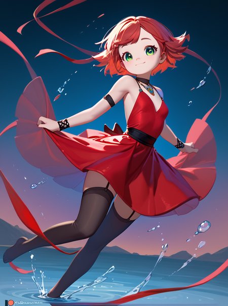 score_9, score_8_up, score_7_up, PDXL, <lora:Pakwan008:1>, pakwan008, 
1girl, cute face, detailed eyes, small breasts, red dress, black thighhighs, dancing in the middle of a lake