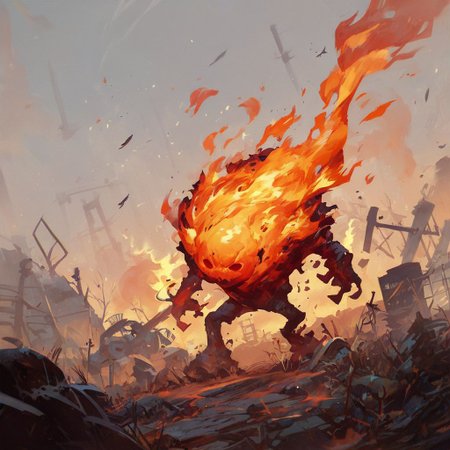 score_9, score_8_up, 8, score_7_up, score_6_up, solo, burning strange blob elemental fire creature made from flame and heat, in a wasteland bunker, dutch angle,
