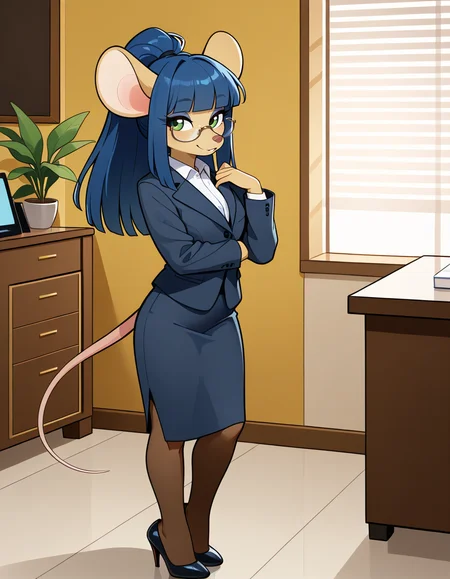 masterpiece, best quality, very aesthetic, absurdres,
indoors, office, 
office lady, 
full body, standing, posing, 
seductive smile, parted lips, long eyelashes,
<lora:Dewey_Teagarden_v01_NAIXL:1>
D3w3y,1girl,solo,furry,furry female,mouse girl,mouse ears,long hair,blue hair,high ponytail,sidelocks,blunt bangs,green eyes,semi-rimless eyewear,snout,animal nose,body fur,yellow fur,mouse tail,
