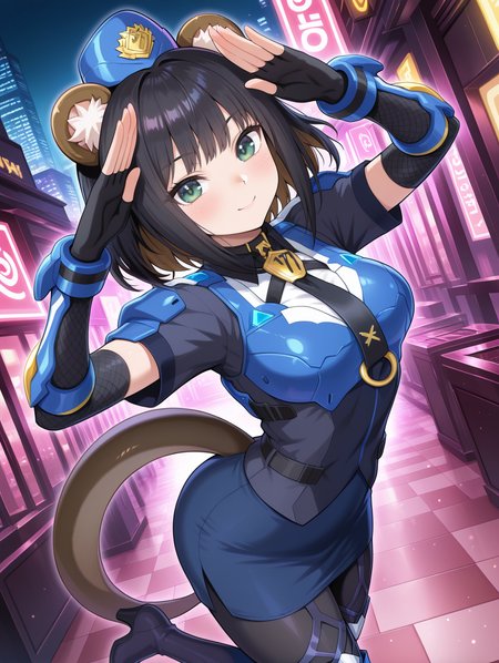 k9 city,k9-17 ripper, 1girl, solo, salute, smile, standing on one leg, medium breasts, looking at viewer, dutch angle, open hand, blush, blue garrison cap, blue fingerless gloves, white shirt, black vest, black necktie, blue jacket, blue pencil skirt, blue thigh boots, fishnet pantyhose, simple background, otter tail,
masterpiece,best quality,amazing quality,very aesthetic,absurdres,newest,<lora:K9-17 Ripper & Izuna illusXL v1.33:0.72>,